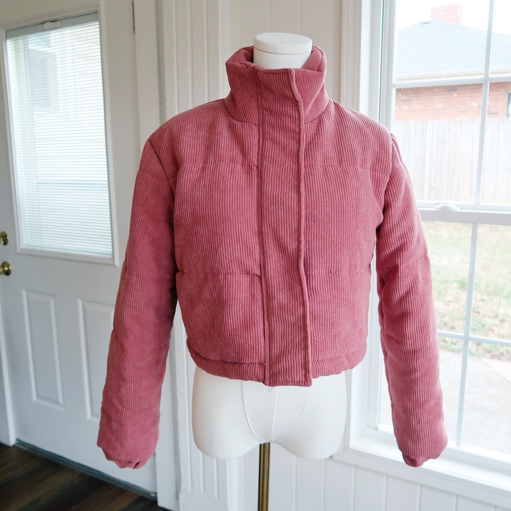 Womens Cropped Puffer Jacket S Pink Corduroy Zip Padded Quilted Coat Y2K Retro